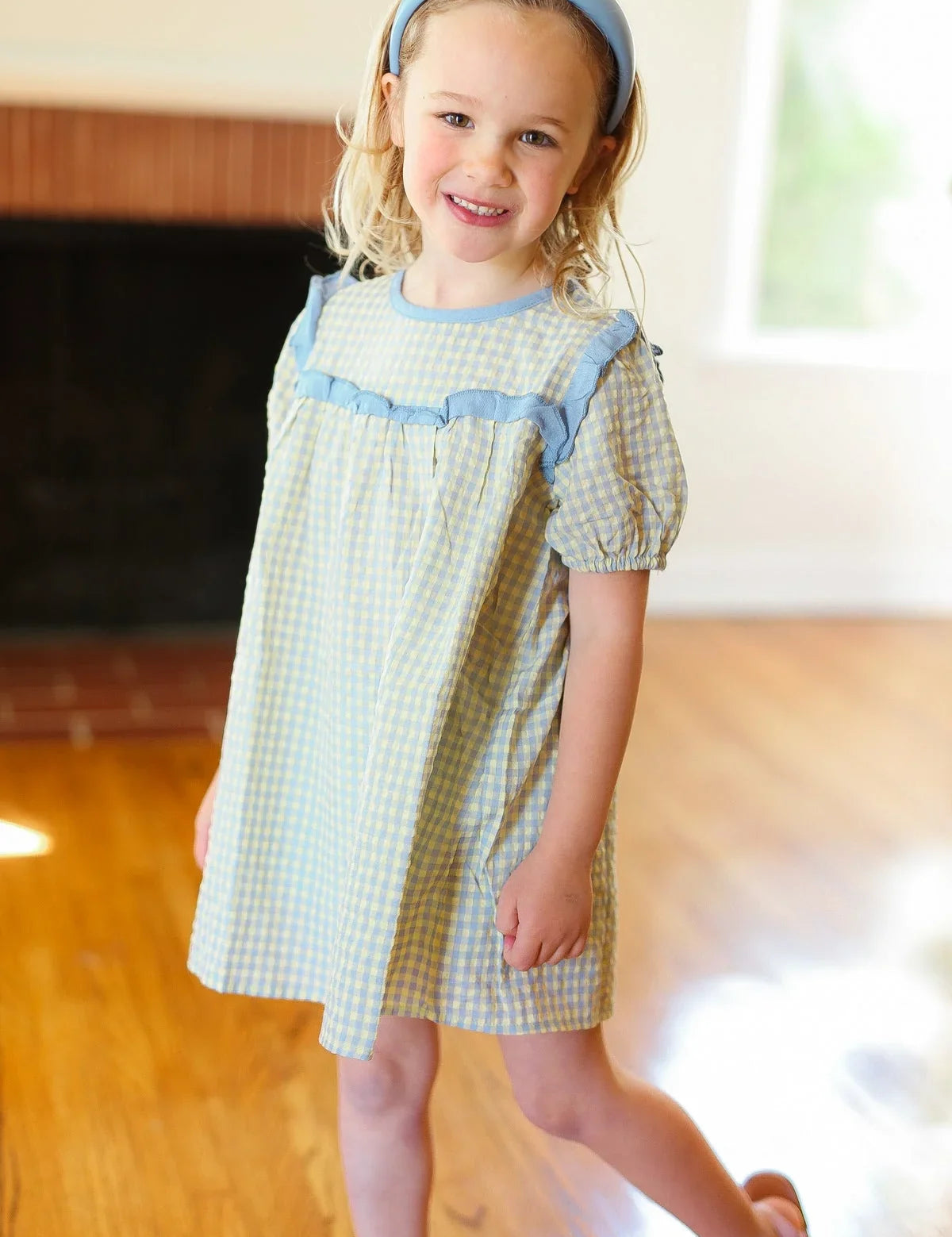 Kids Charming Blue Gingham Elastic Tie Sleeve Dress | 2024 Summer Blow Out Sale Daverri Fashions