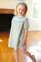 Kids Charming Blue Gingham Elastic Tie Sleeve Dress | 2024 Summer Blow Out Sale Daverri Fashions
