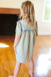 Kids Charming Blue Gingham Elastic Tie Sleeve Dress | 2024 Summer Blow Out Sale Daverri Fashions