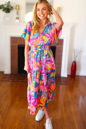 Tropical Trance Fuchsia Floral Smocked Waist Maxi Dress | Daverri Fashions