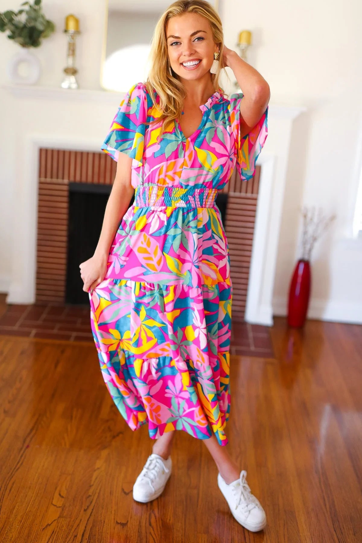 Tropical Trance Fuchsia Floral Smocked Waist Maxi Dress | Daverri Fashions