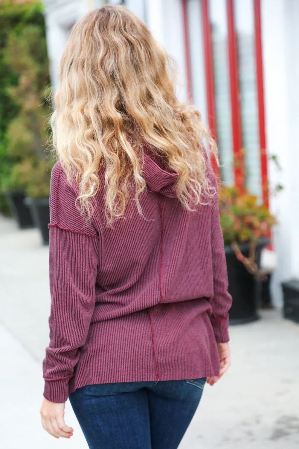 A New Day Burgundy Mineral Wash Rib Knit Hoodie | Daverri Fashions