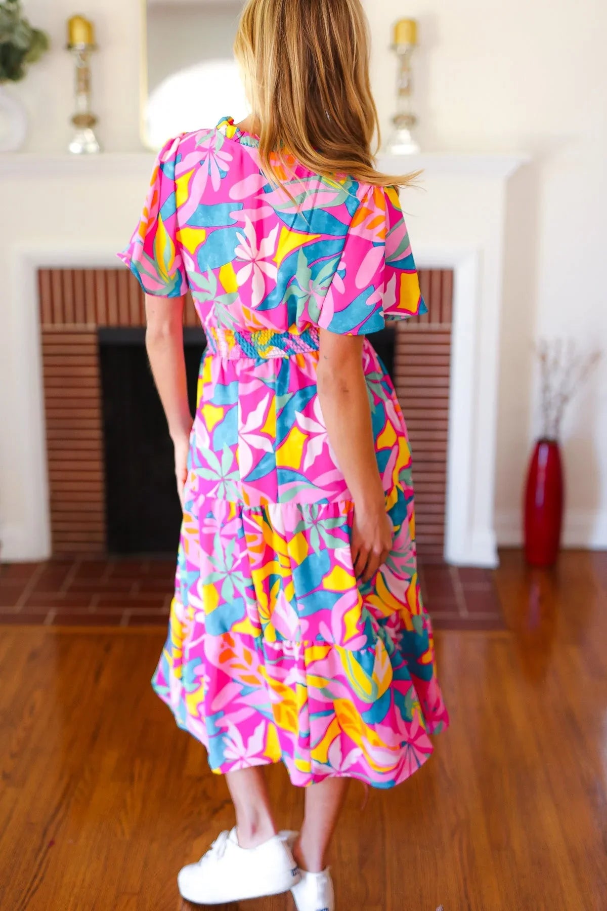 Tropical Trance Fuchsia Floral Smocked Waist Maxi Dress | Daverri Fashions