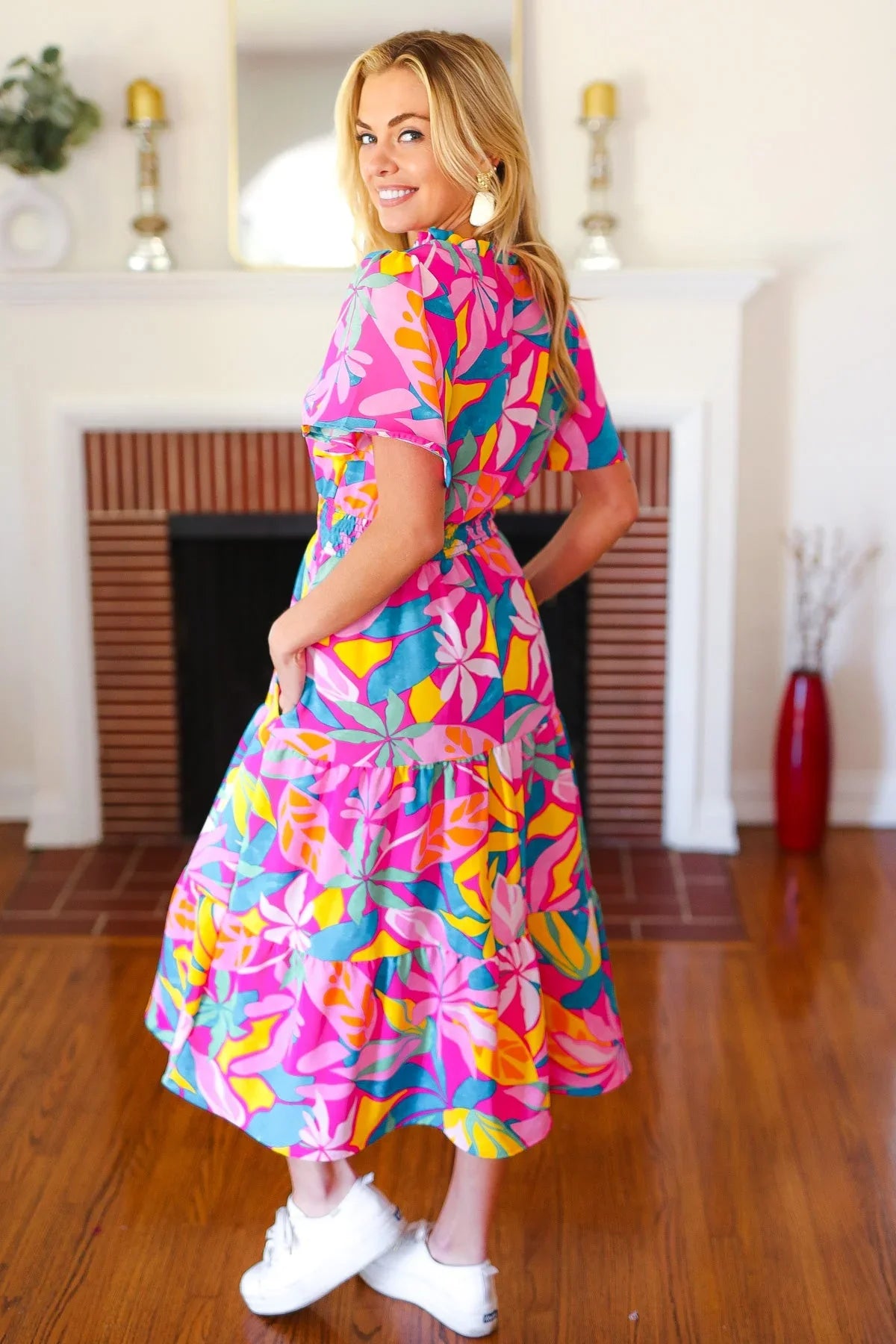Tropical Trance Fuchsia Floral Smocked Waist Maxi Dress | Daverri Fashions