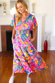 Tropical Trance Fuchsia Floral Smocked Waist Maxi Dress | Daverri Fashions