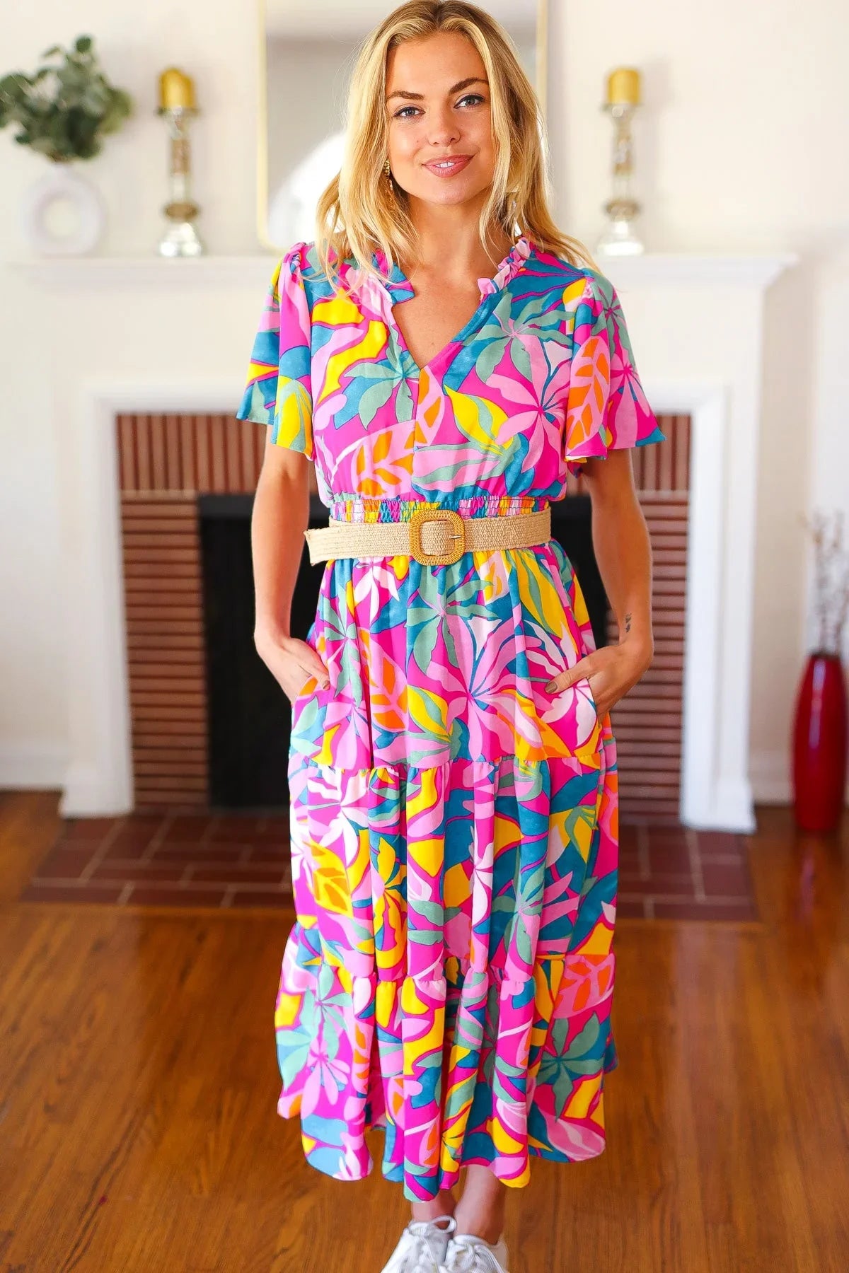 Tropical Trance Fuchsia Floral Smocked Waist Maxi Dress | Daverri Fashions