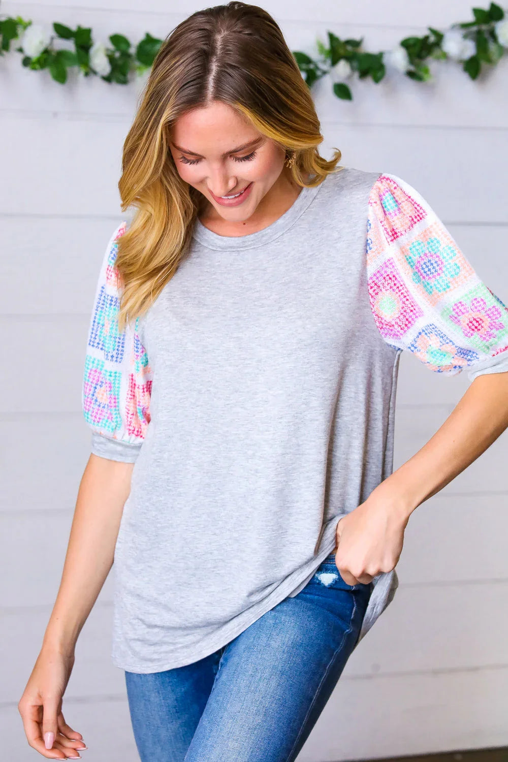 Grey Floral Crochet Print Puff Sleeve Top | Daverri Fashions