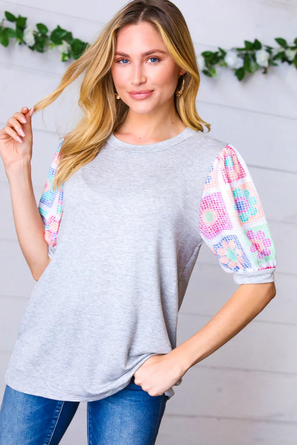 Grey Floral Crochet Print Puff Sleeve Top | Daverri Fashions
