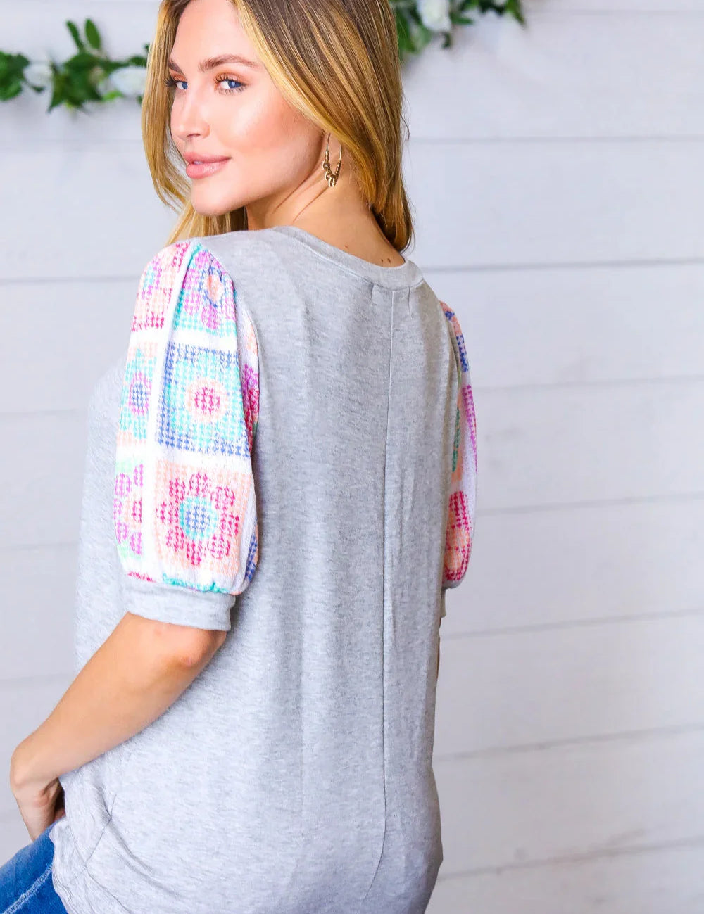 Grey Floral Crochet Print Puff Sleeve Top | Daverri Fashions