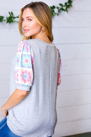 Grey Floral Crochet Print Puff Sleeve Top | Daverri Fashions