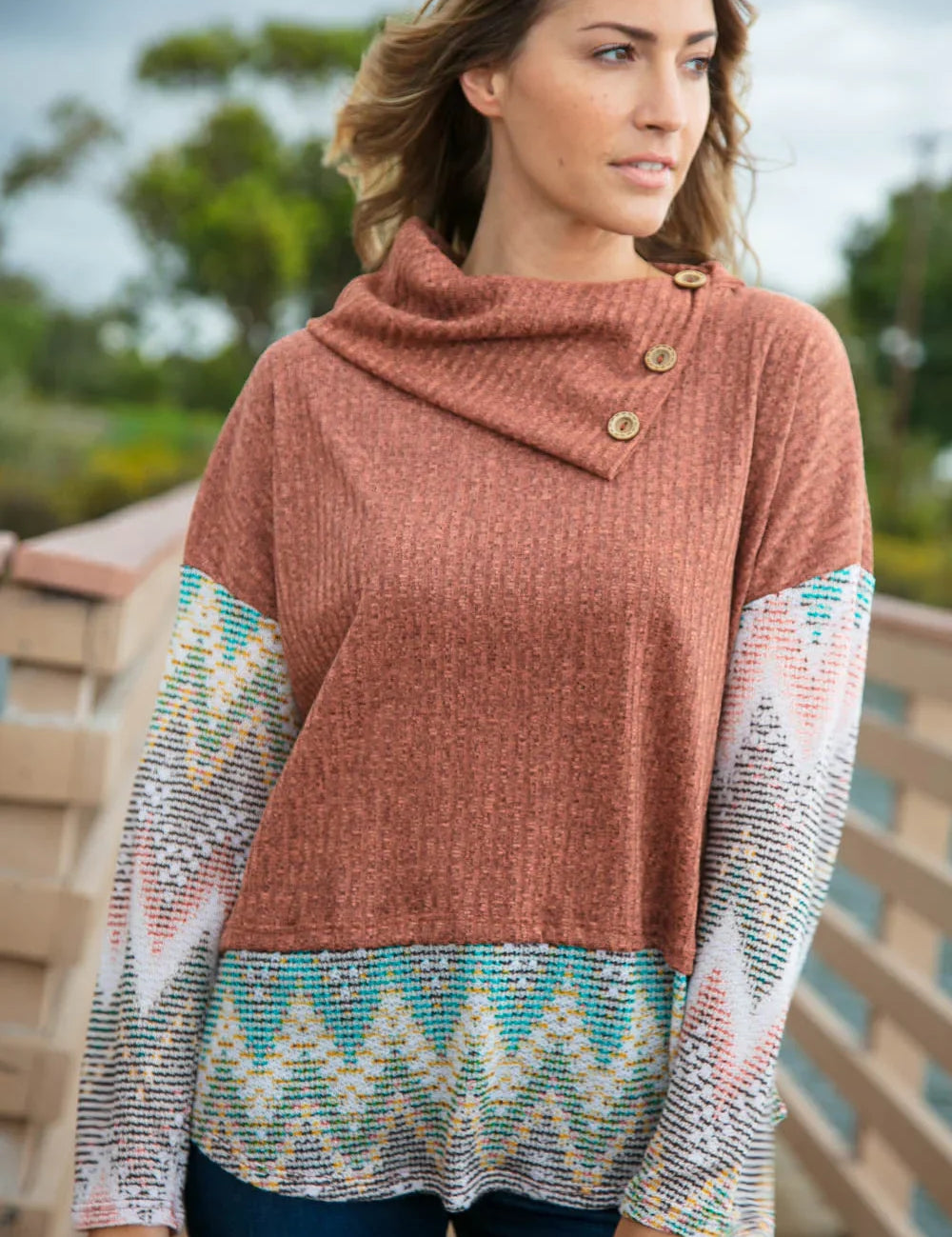 Two Tone Brush Hacci Ethnic Turtleneck Top | Daverri Fashions