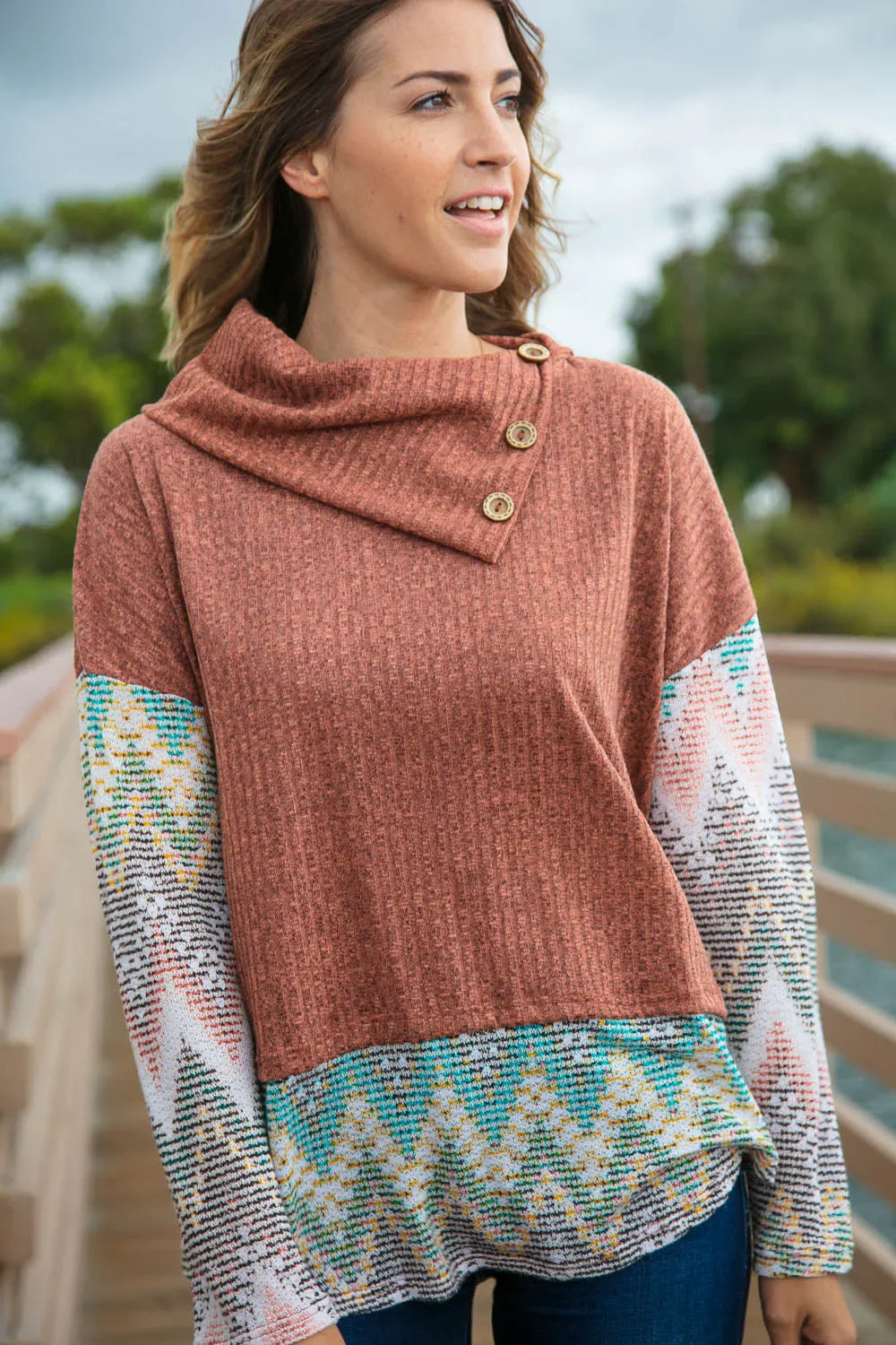 Two Tone Brush Hacci Ethnic Turtleneck Top | Daverri Fashions