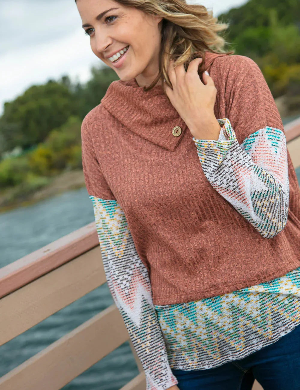 Two Tone Brush Hacci Ethnic Turtleneck Top | Daverri Fashions