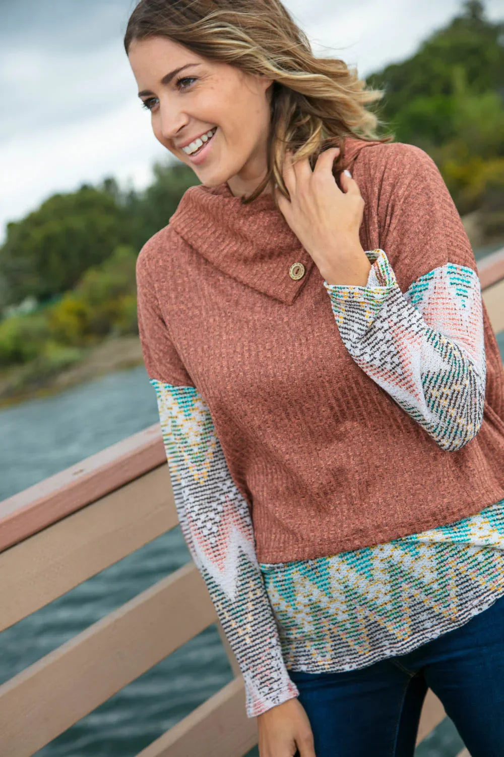 Two Tone Brush Hacci Ethnic Turtleneck Top | Daverri Fashions