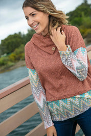 Two Tone Brush Hacci Ethnic Turtleneck Top | Daverri Fashions