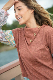 Two Tone Brush Hacci Ethnic Turtleneck Top | Daverri Fashions