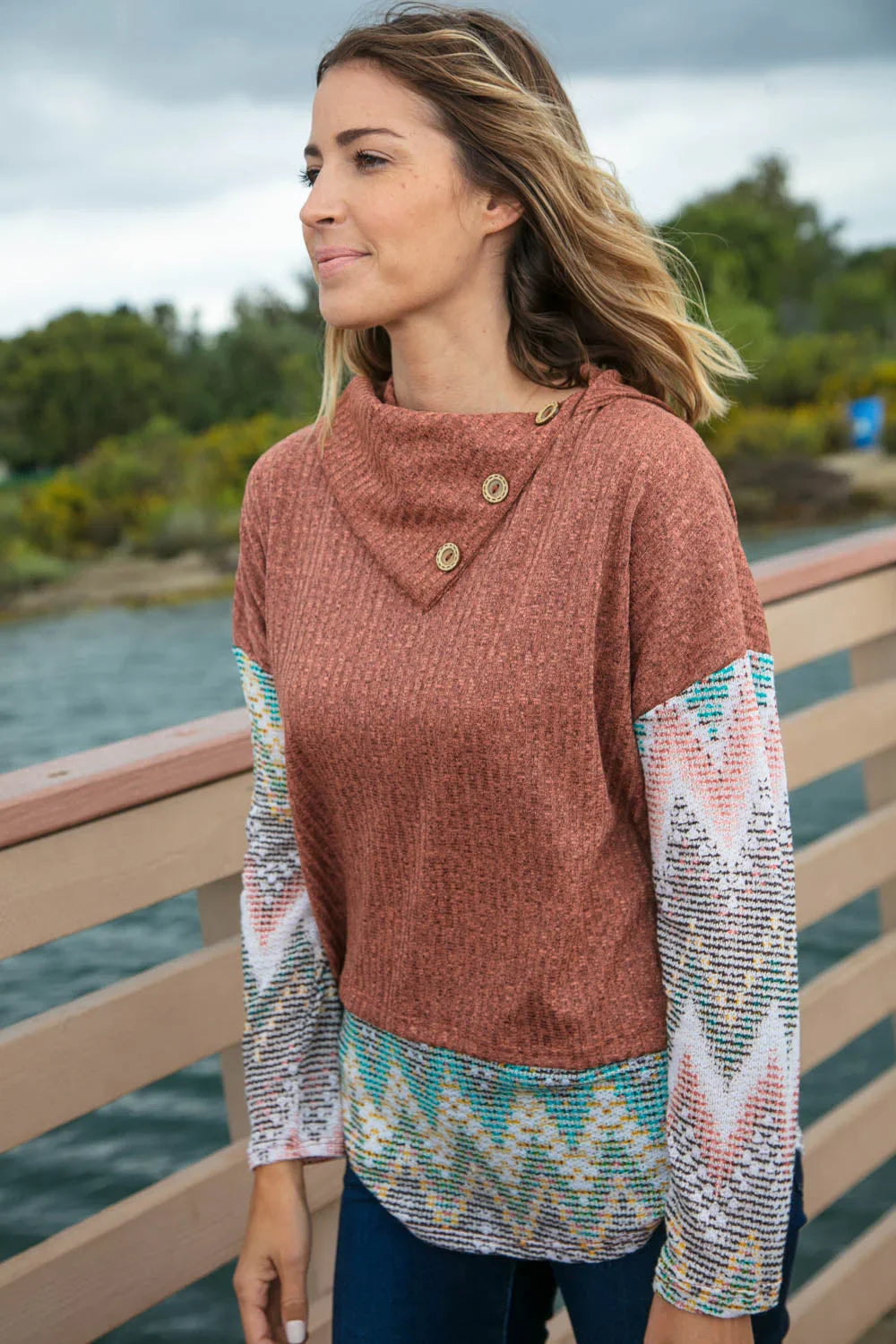 Two Tone Brush Hacci Ethnic Turtleneck Top | Daverri Fashions