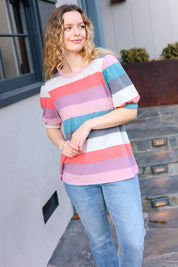Look Out Teal & Rose Striped Hacci Knit Puff Sleeve Top | Daverri Fashions