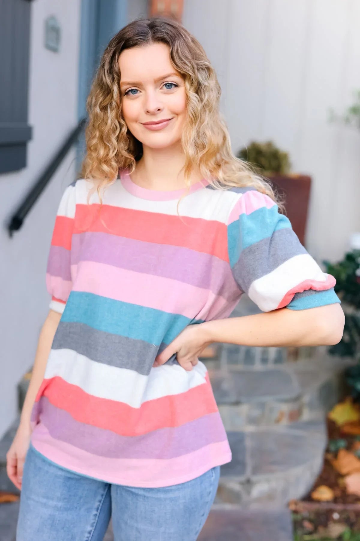 Look Out Teal & Rose Striped Hacci Knit Puff Sleeve Top | Daverri Fashions