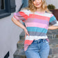 Look Out Teal & Rose Striped Hacci Knit Puff Sleeve Top - DAVERRI FASHIONS