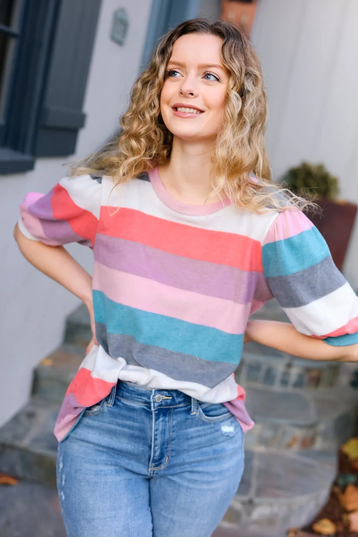 Look Out Teal & Rose Striped Hacci Knit Puff Sleeve Top | Daverri Fashions