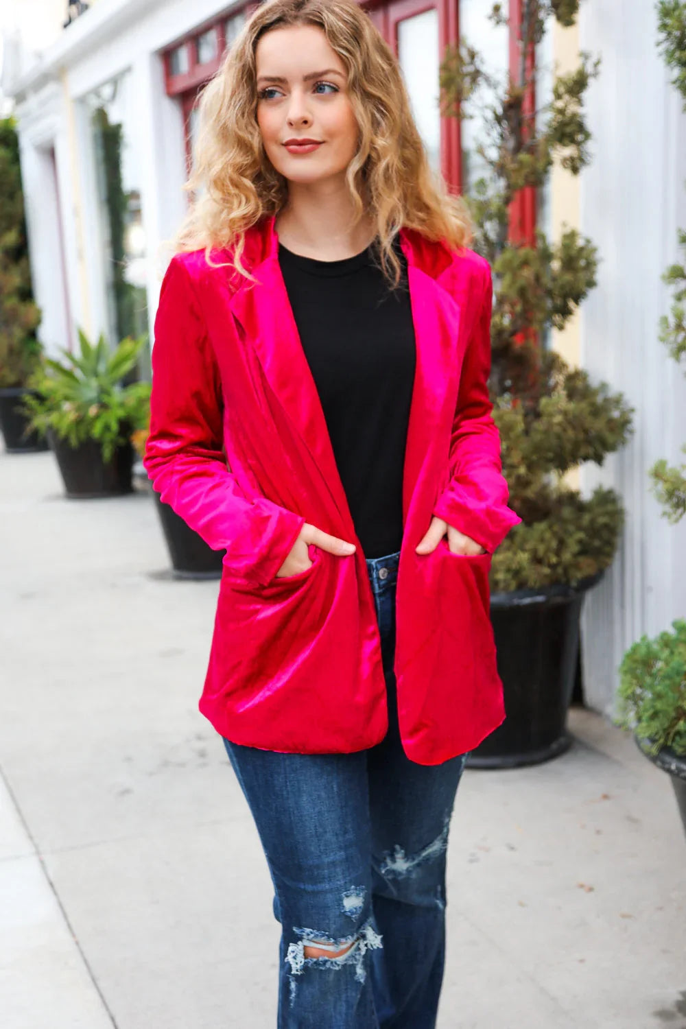 Dazzling Magenta Velvet Lapel Blazer | Daverri Fashions