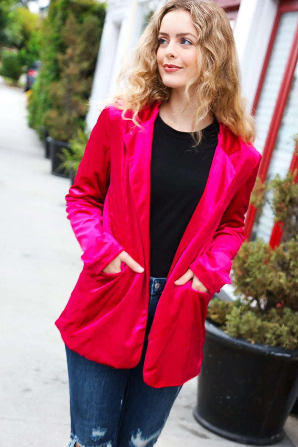Dazzling Magenta Velvet Lapel Blazer | Daverri Fashions