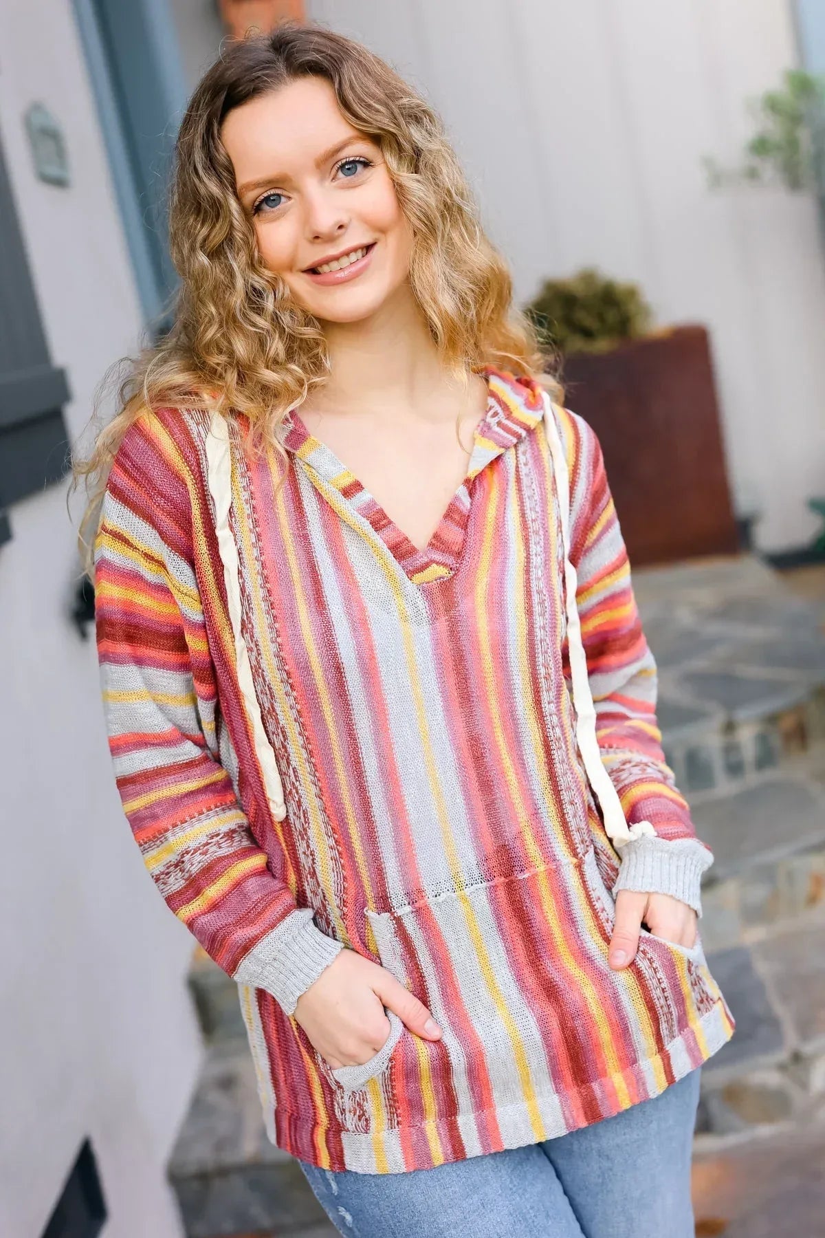 Be Bold Coral & Sienna Stripe Pullover Notched Neck Hoodie - DAVERRI FASHIONS