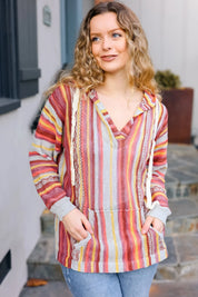 Be Bold Coral & Sienna Stripe Pullover Notched Neck Hoodie | Daverri Fashions