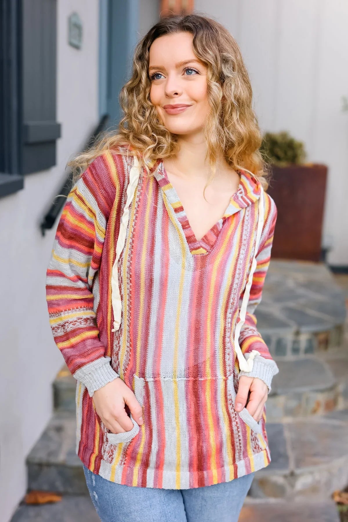 Be Bold Coral & Sienna Stripe Pullover Notched Neck Hoodie | Daverri Fashions