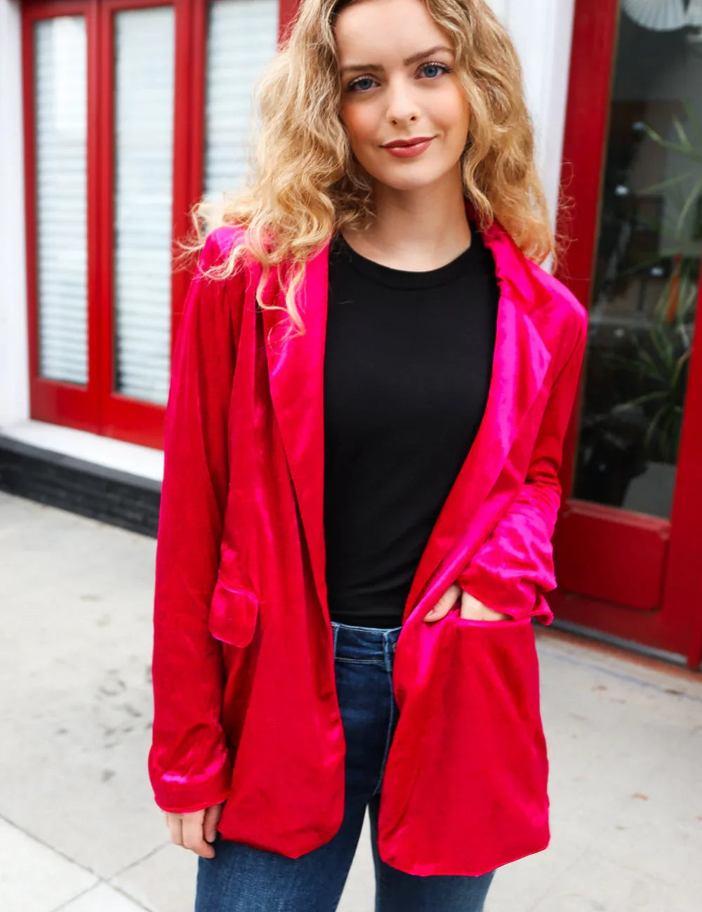 Dazzling Magenta Velvet Lapel Blazer | Daverri Fashions