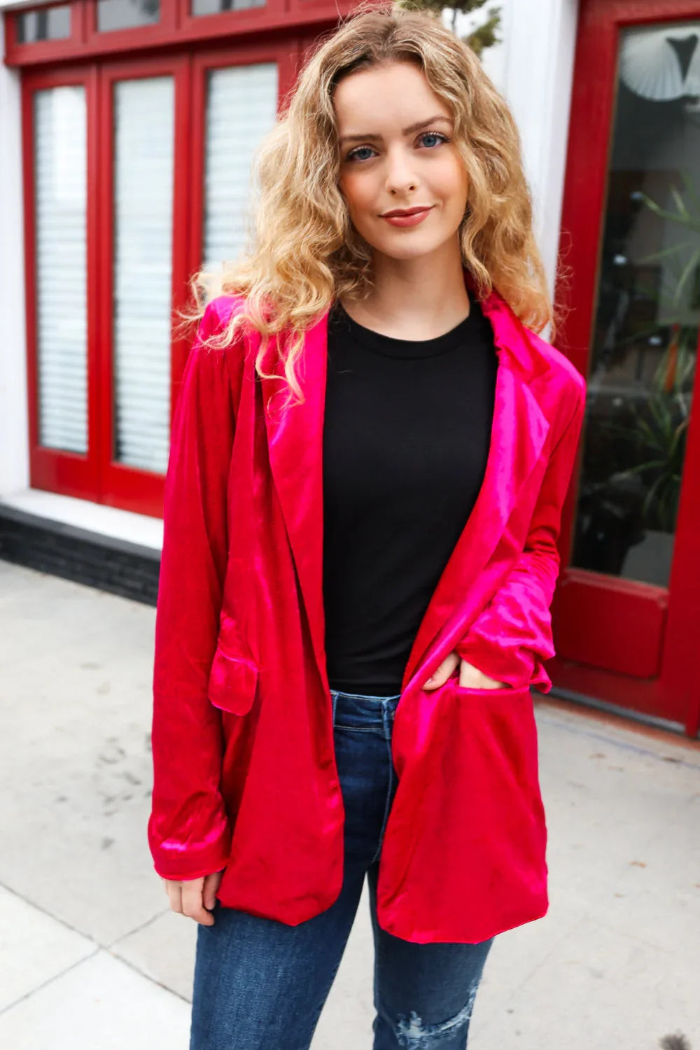 Dazzling Magenta Velvet Lapel Blazer | Daverri Fashions
