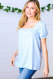 Light Blue Wide Rib Puff Sleeve Top | Daverri Fashions