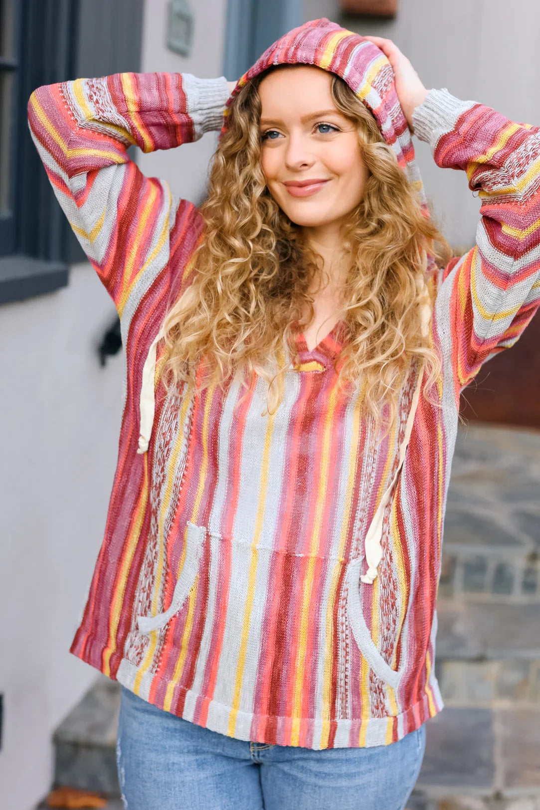 Be Bold Coral & Sienna Stripe Pullover Notched Neck Hoodie | Daverri Fashions