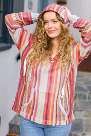 Be Bold Coral & Sienna Stripe Pullover Notched Neck Hoodie | Daverri Fashions
