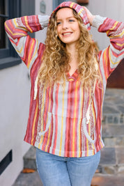 Be Bold Coral & Sienna Stripe Pullover Notched Neck Hoodie | Daverri Fashions