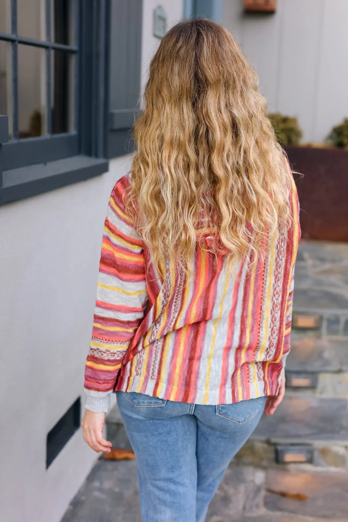 Be Bold Coral & Sienna Stripe Pullover Notched Neck Hoodie | Daverri Fashions