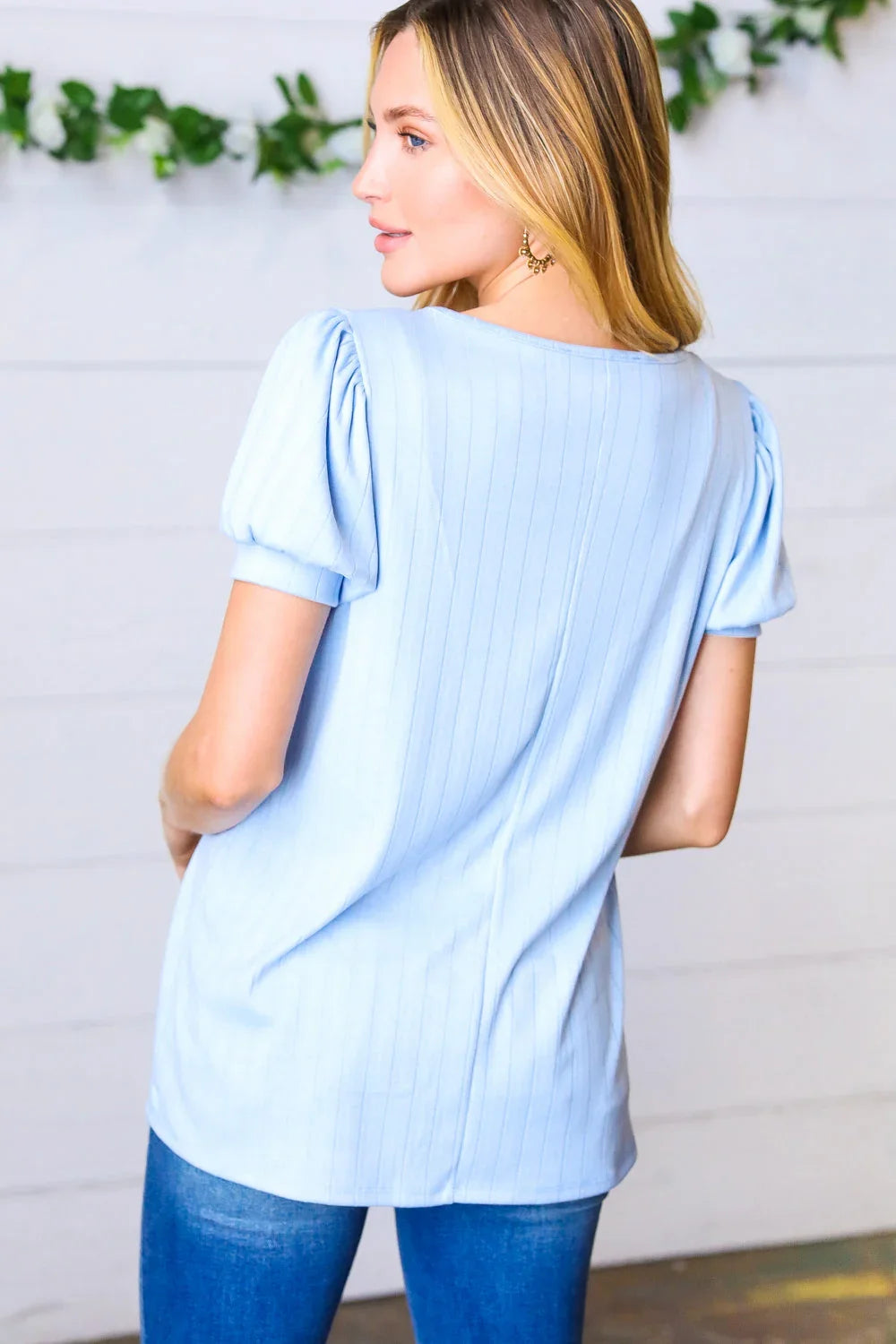 Light Blue Wide Rib Puff Sleeve Top | Daverri Fashions