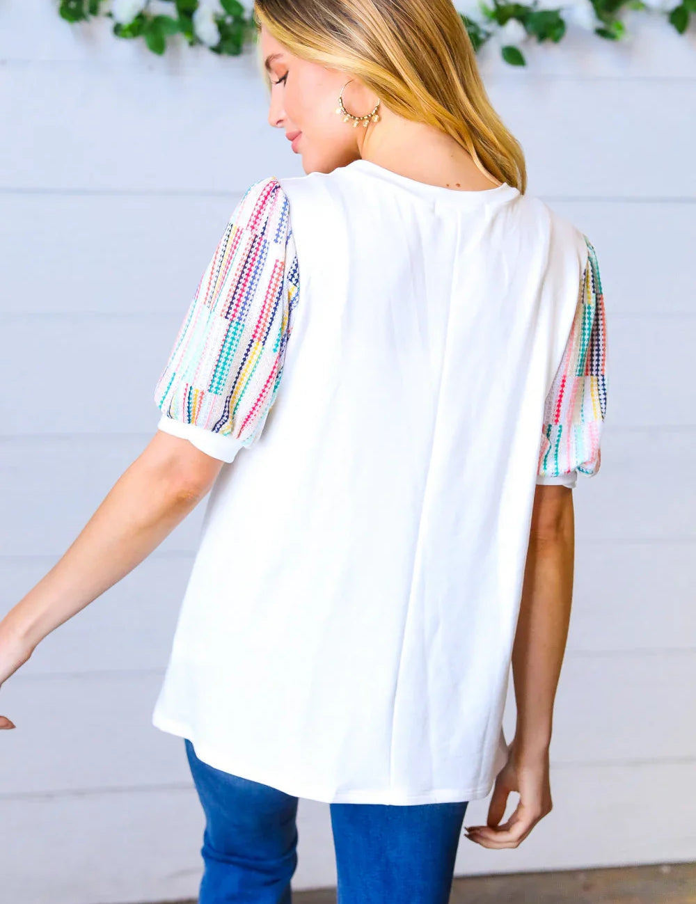 Ivory Multicolor Vertical Stripe Puff Sleeve Top | Daverri Fashions