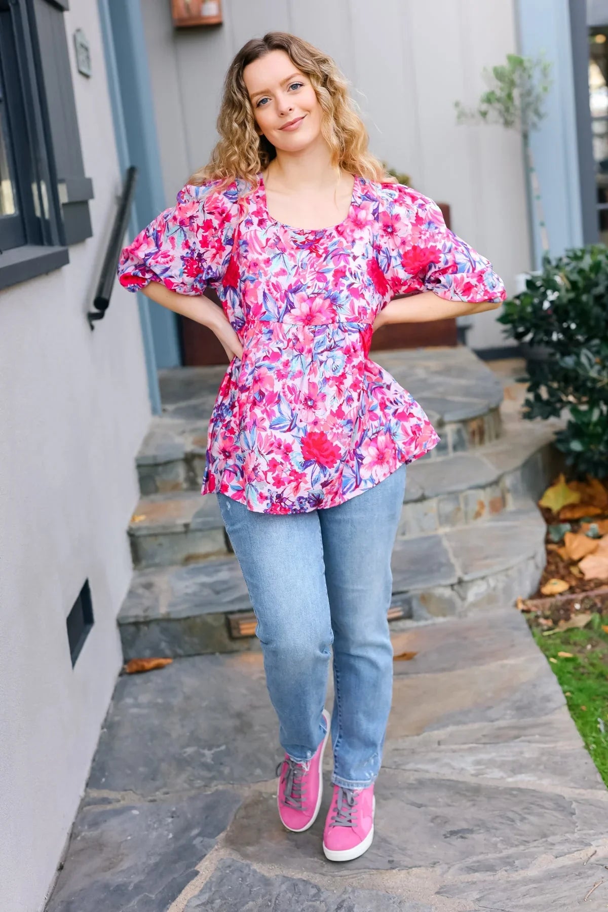 Feeling Femmi Pink & Fuchsia Floral Peplum Woven Top | Daverri Fashions