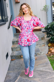 Feeling Femmi Pink & Fuchsia Floral Peplum Woven Top | Daverri Fashions