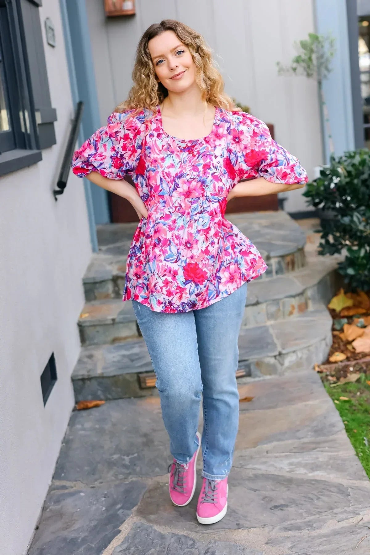 Feeling Femmi Pink & Fuchsia Floral Peplum Woven Top - DAVERRI FASHIONS