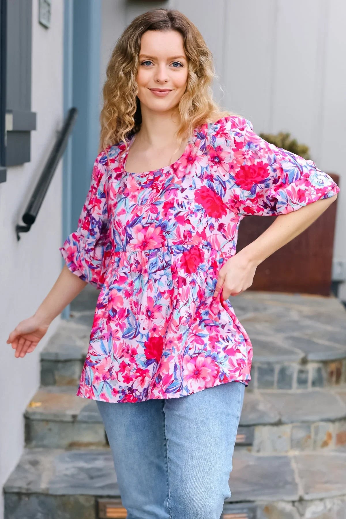 Feeling Femmi Pink & Fuchsia Floral Peplum Woven Top | Daverri Fashions