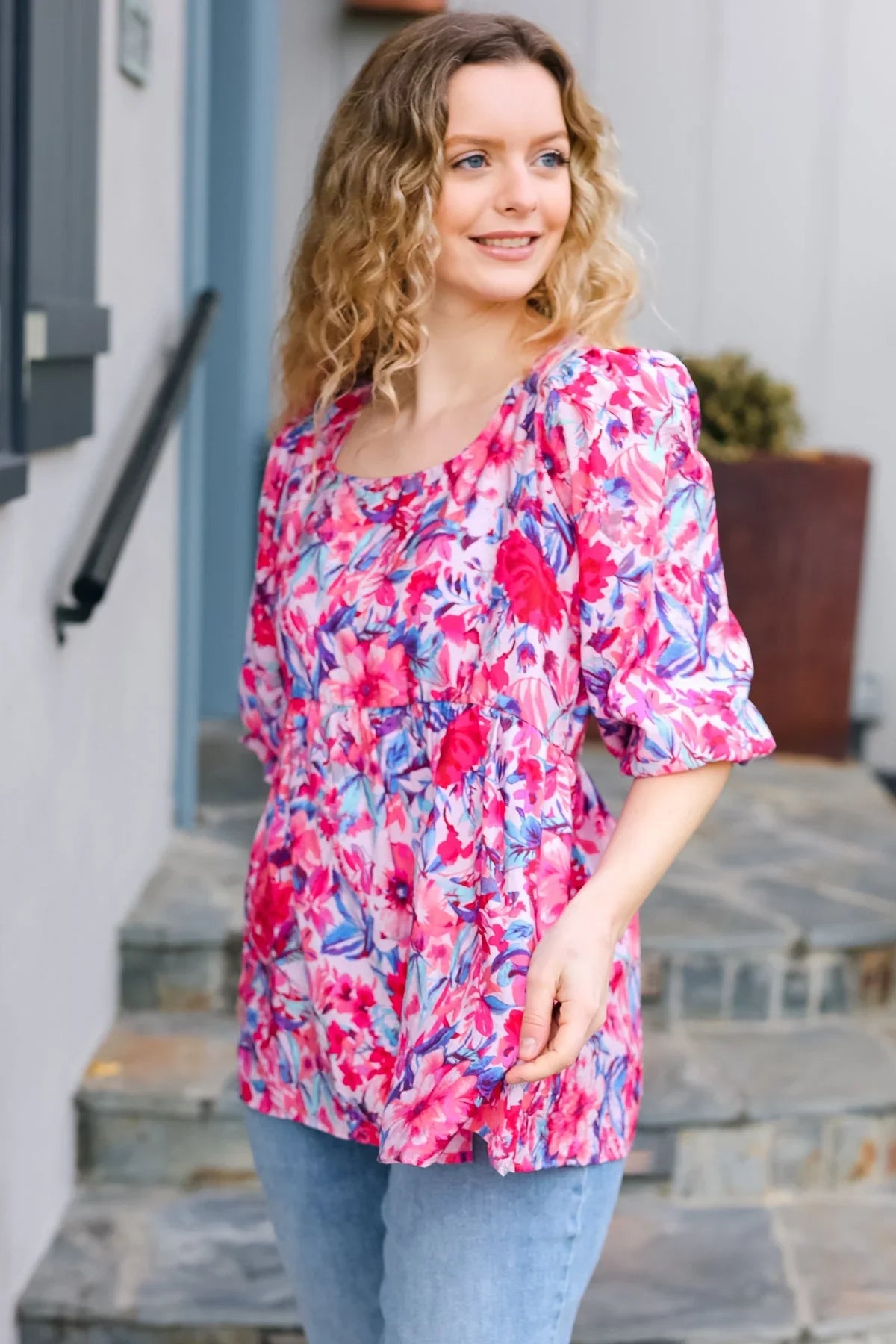 Feeling Femmi Pink & Fuchsia Floral Peplum Woven Top | Daverri Fashions