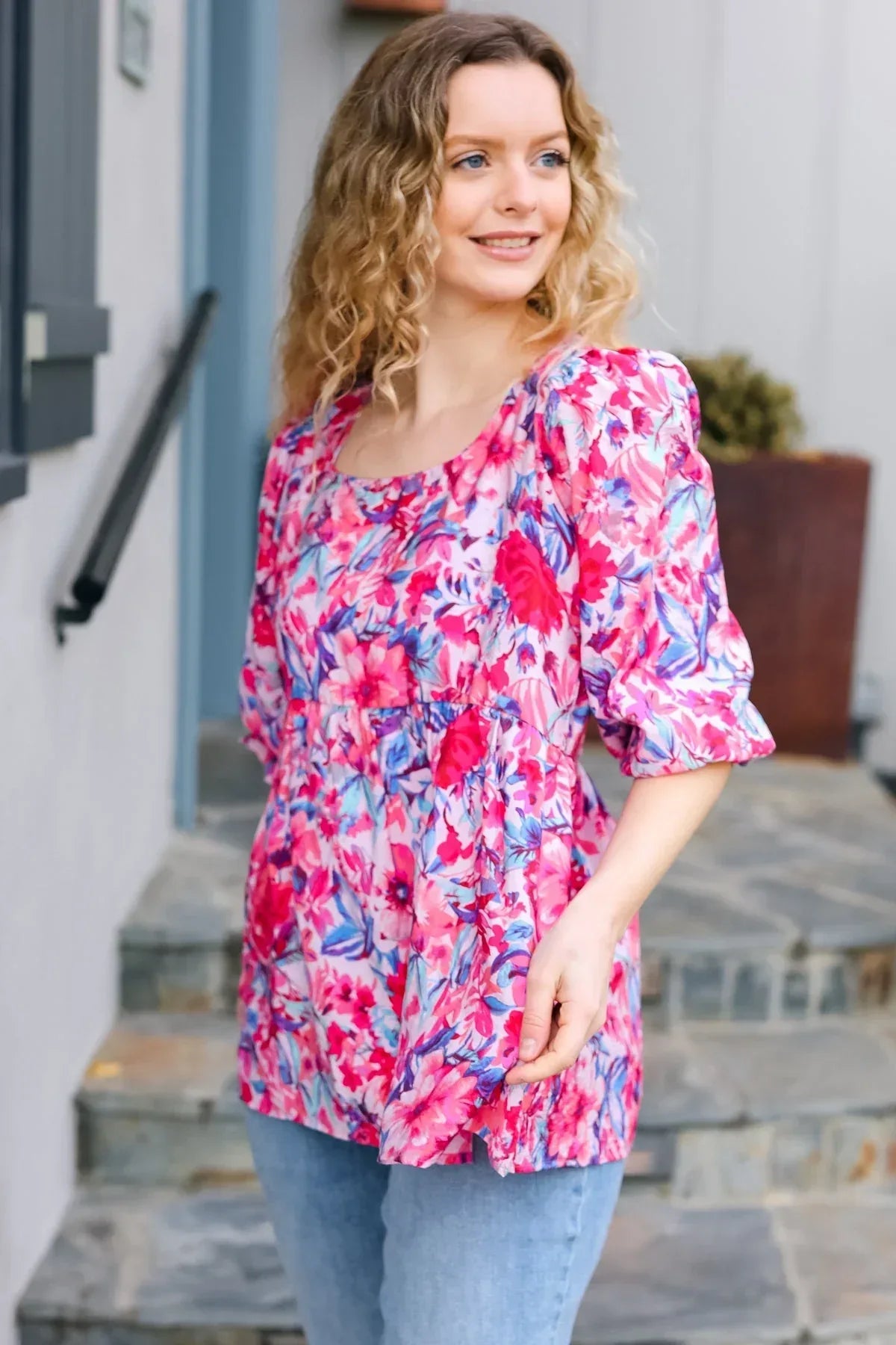 Feeling Femmi Pink & Fuchsia Floral Peplum Woven Top - DAVERRI FASHIONS