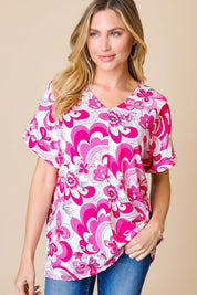Magenta & White Geometric Floral V Neck Top | Blouses Daverri Fashions