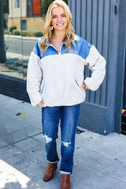 Good Vibes Denim & Ivory Patchwork Sherpa Half Zip Pullover | 2024 Blow-Out Sale Daverri Fashions