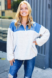 Good Vibes Denim & Ivory Patchwork Sherpa Half Zip Pullover | 2024 Blow-Out Sale Daverri Fashions