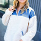 Good Vibes Denim & Ivory Patchwork Sherpa Half Zip Pullover - DAVERRI FASHIONS