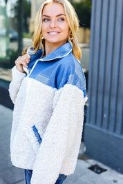 Good Vibes Denim & Ivory Patchwork Sherpa Half Zip Pullover | 2024 Blow-Out Sale Daverri Fashions